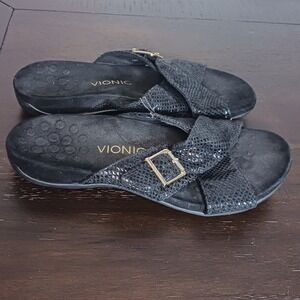 Vionic Dorie Snakeskin Print Black Slide Sandals Women's Size 9
